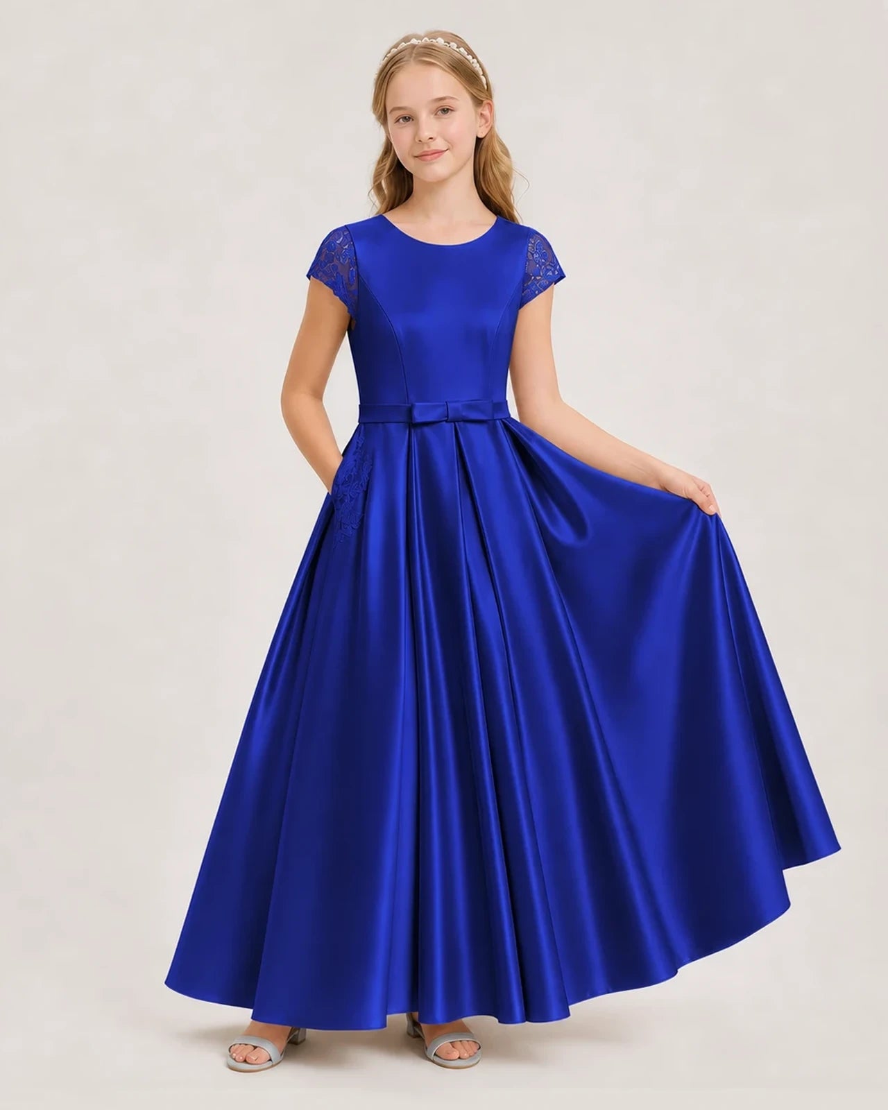 Royal Blue Satin A-Line Junior Bridesmaid Dresses Front View