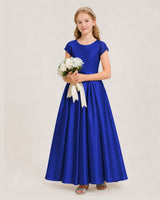 Royal blue satin a-line junior bridesmaid dress side view
