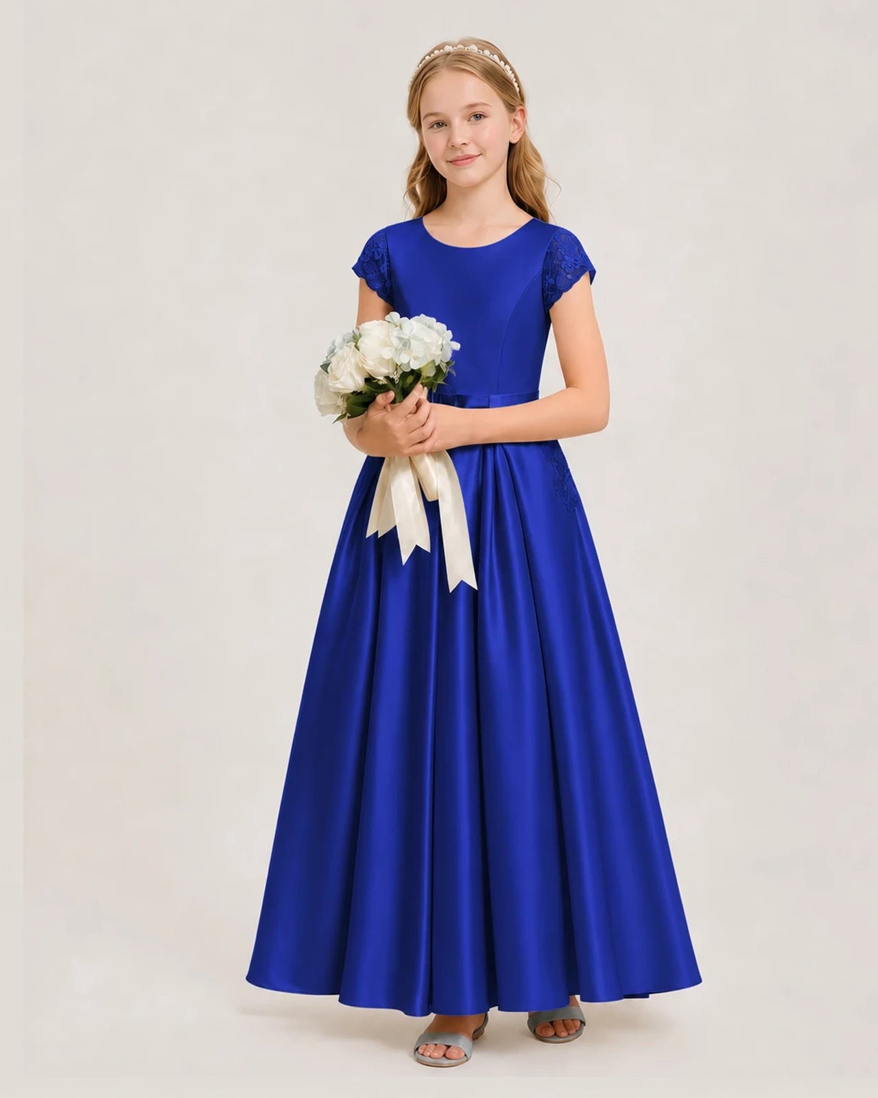 Royal blue satin a-line junior bridesmaid dress side view