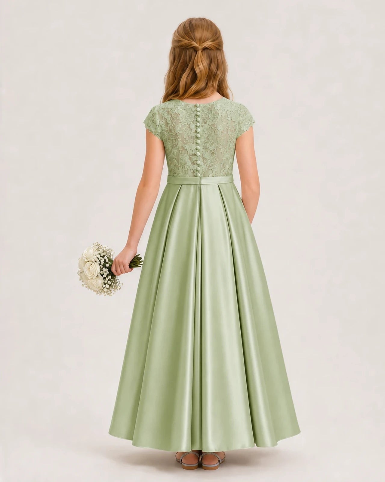 Sage green lace and satin A-line junior bridesmaid dress Back View