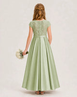 Sage green lace and satin A-line junior bridesmaid dress Back View