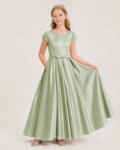 Sage Green Satin A-Line Junior Bridesmaid Dresses Front View