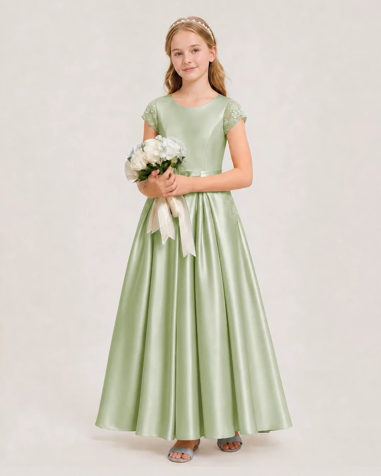 Sage Green Satin A-Line Junior Bridesmaid Dresses Side View