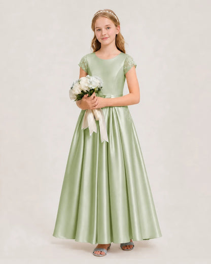 Sage Green Satin A-Line Junior Bridesmaid Dresses Side View