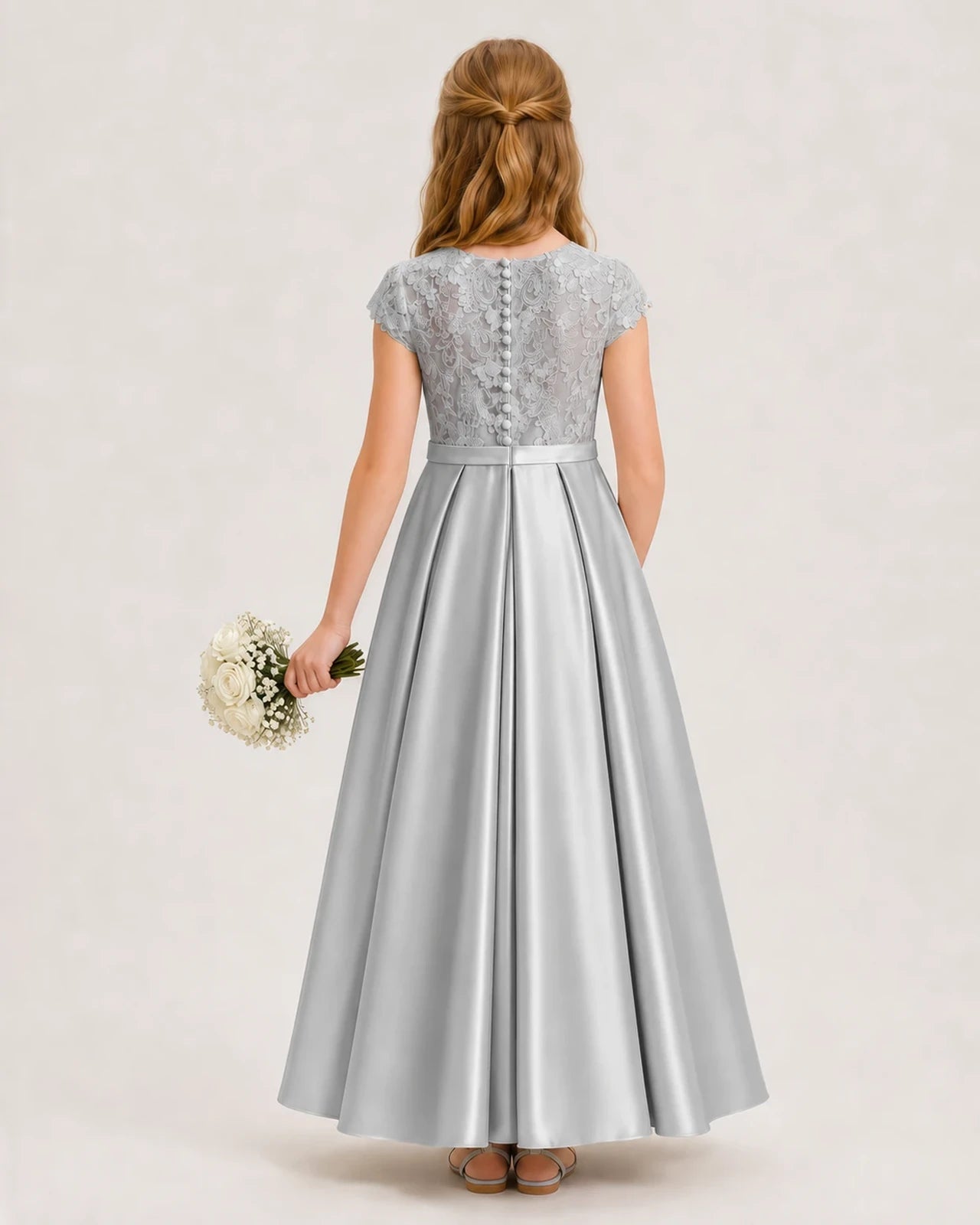 Silver lace and satin A-line junior bridesmaid dress Back View