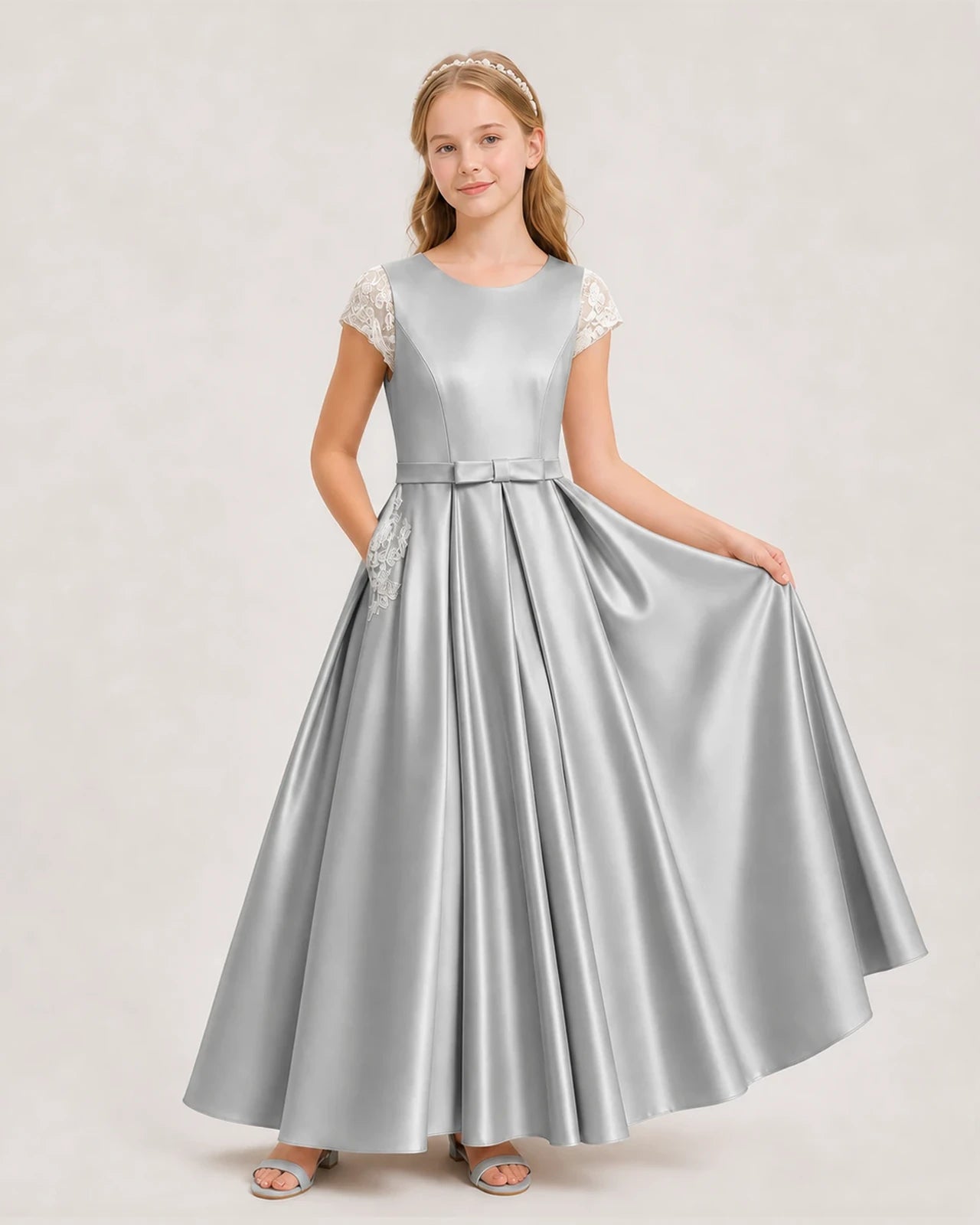 Silver Satin A-Line Junior Bridesmaid Dresses Front View