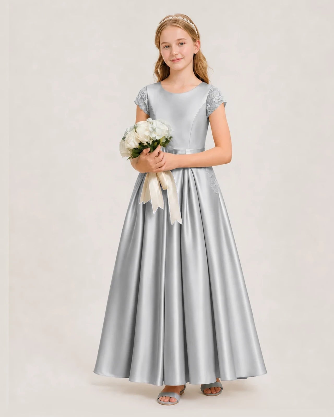 Silver Satin A-Line Junior Bridesmaid Dress Side View