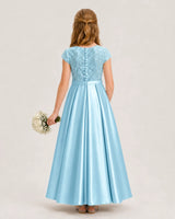 Sky Blue Satin Lace A-Line Junior Bridesmaid Dresses Back View