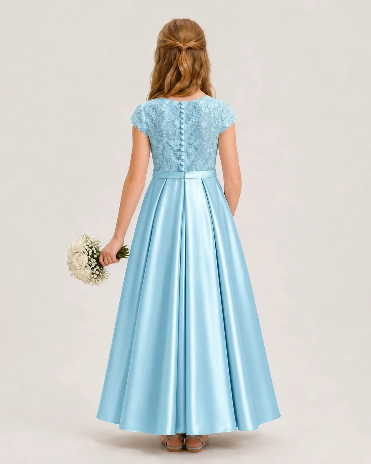 Sky Blue Satin Lace A-Line Junior Bridesmaid Dresses Back View