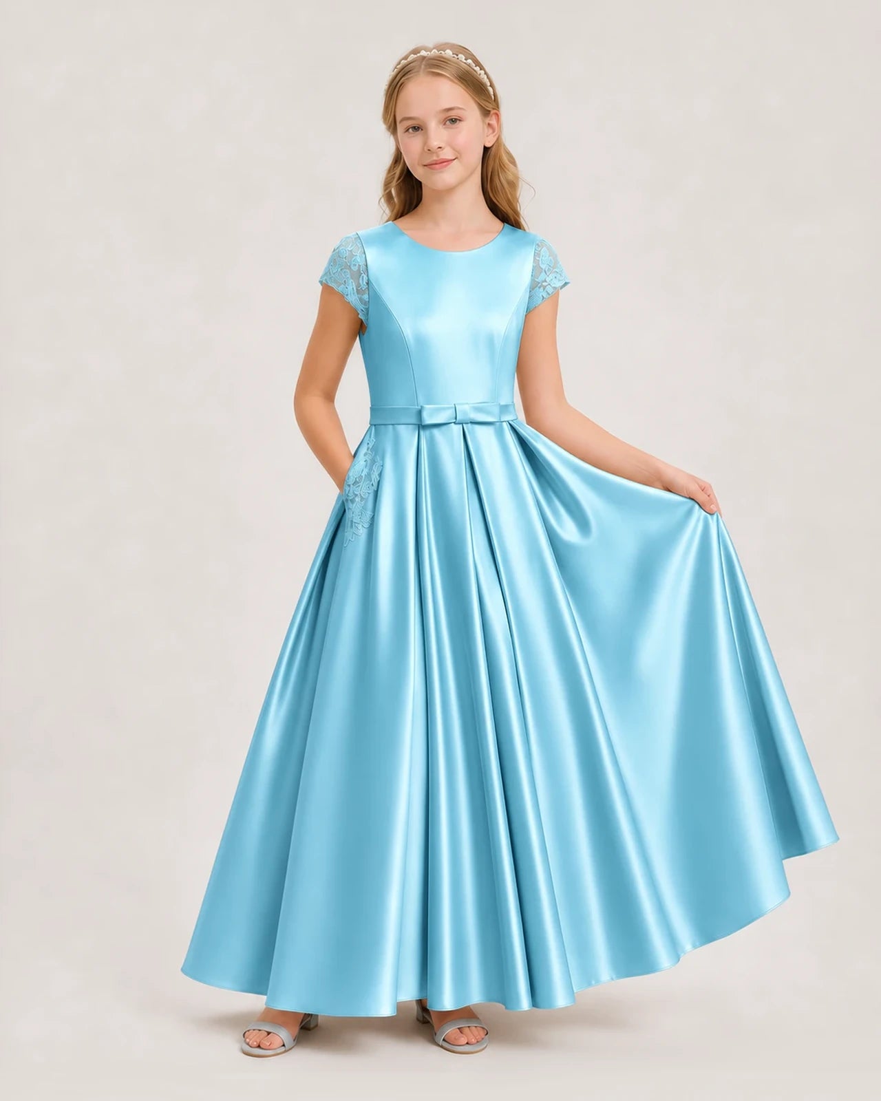 Sky Blue Satin A-Line Junior Bridesmaid Dresses Front View
