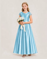 Sky Blue Satin A-Line Junior Bridesmaid Dresses Side View