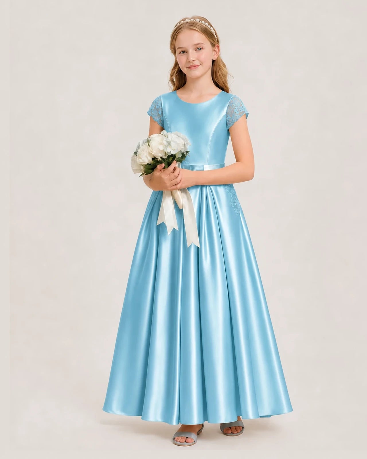 Sky Blue Satin A-Line Junior Bridesmaid Dresses Side View