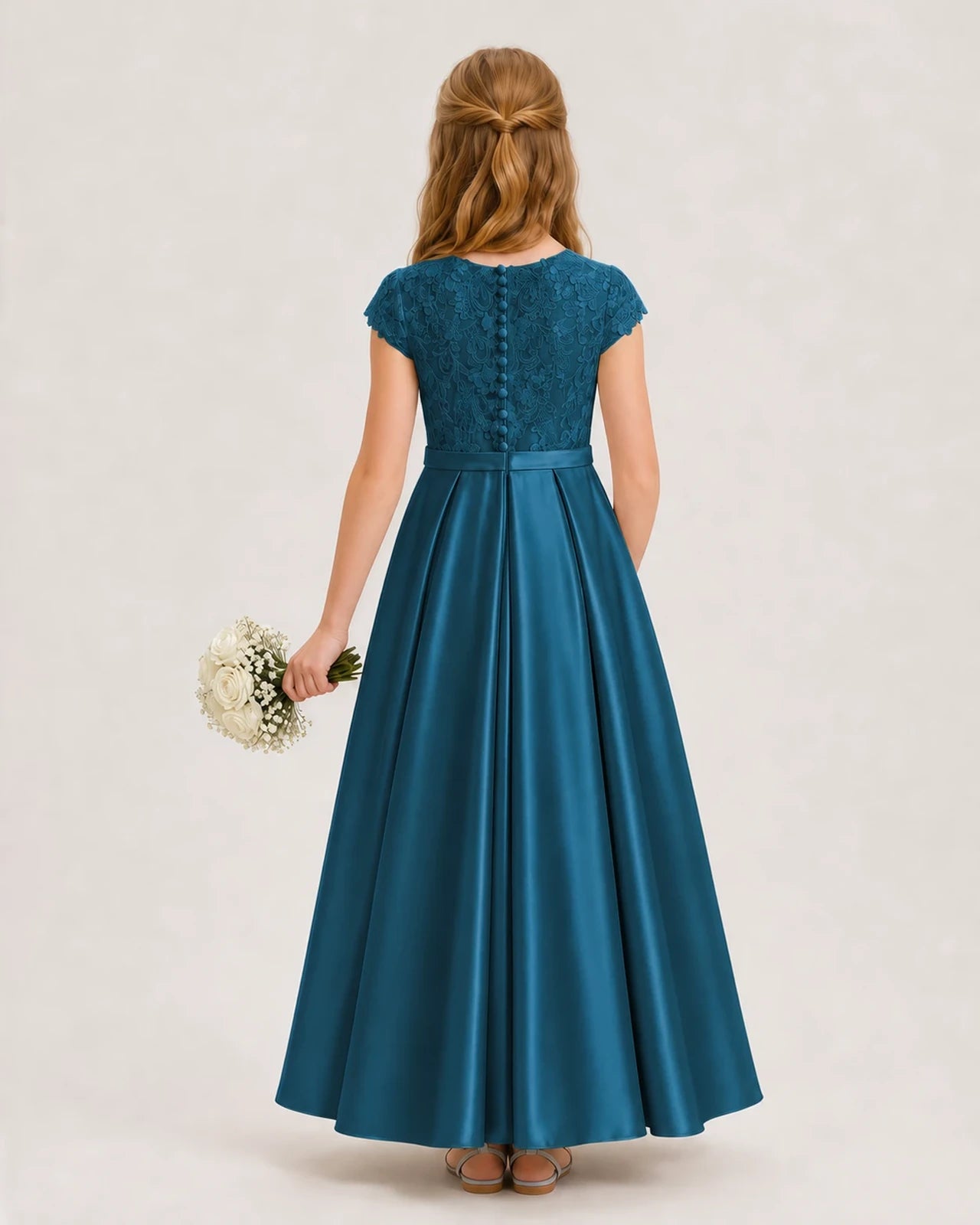 Teal Satin Lace A-Line Junior Bridesmaid Dresses Back View