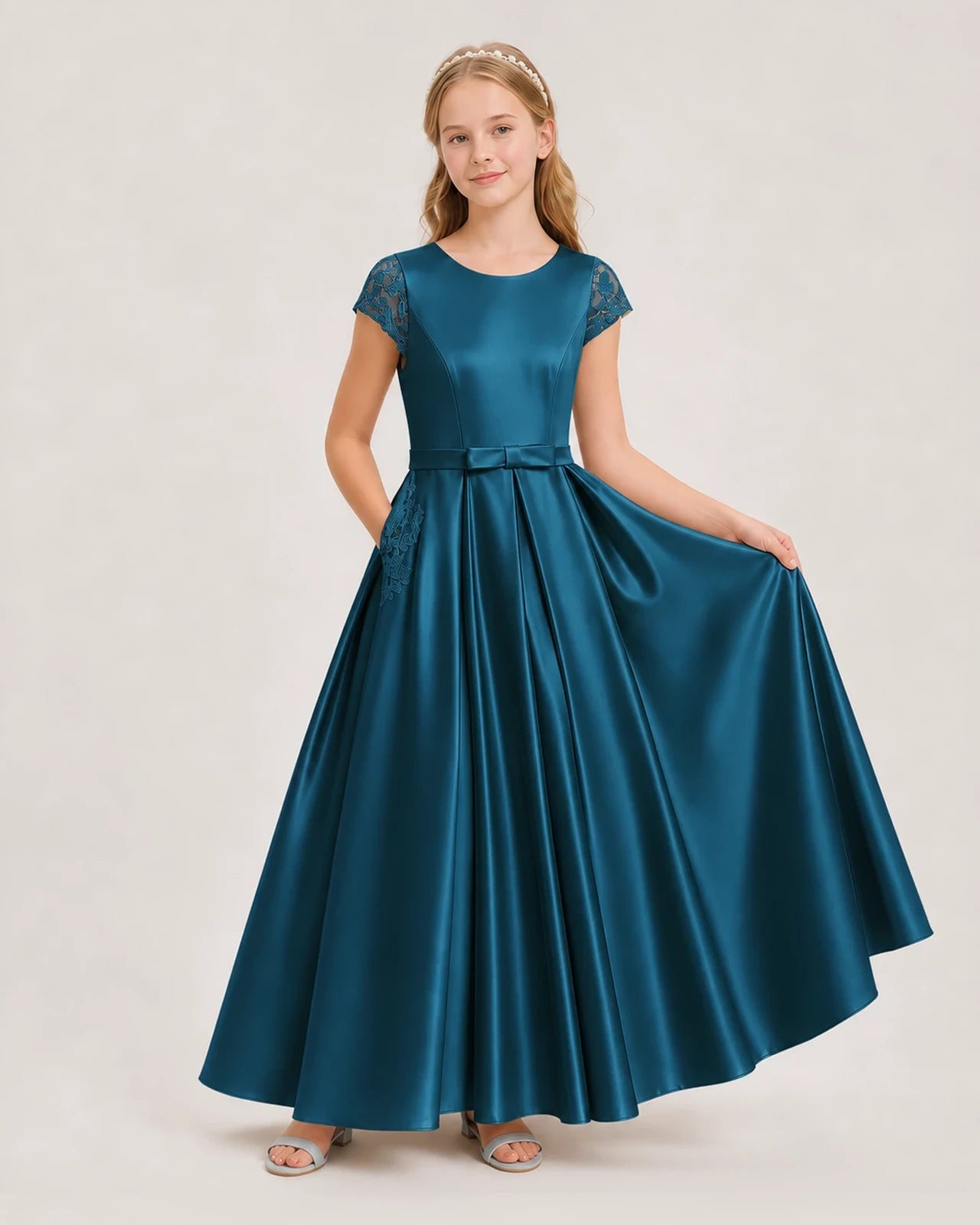 Teal Satin A-line Junior Bridesmaid Dresses Front View