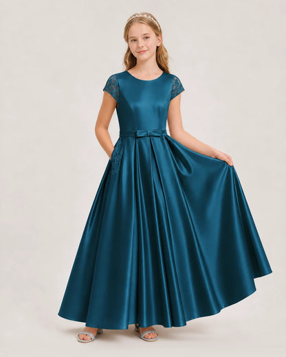 Teal Satin A-line Junior Bridesmaid Dresses Front View