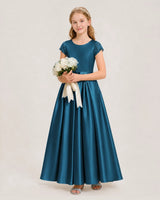 Teal Satin A-line Junior Bridesmaid Dresses Side View