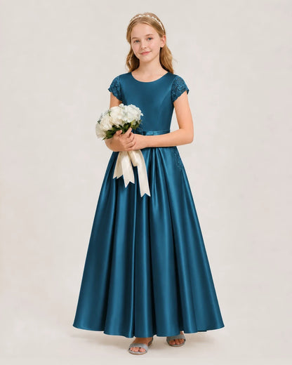 Teal Satin A-line Junior Bridesmaid Dresses Side View