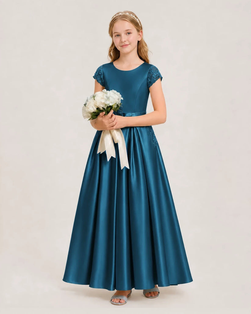 Teal Satin A-line Junior Bridesmaid Dresses Side View