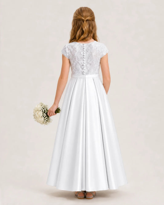 White Satin Lace A-Line Junior Bridesmaid Dresses Back View