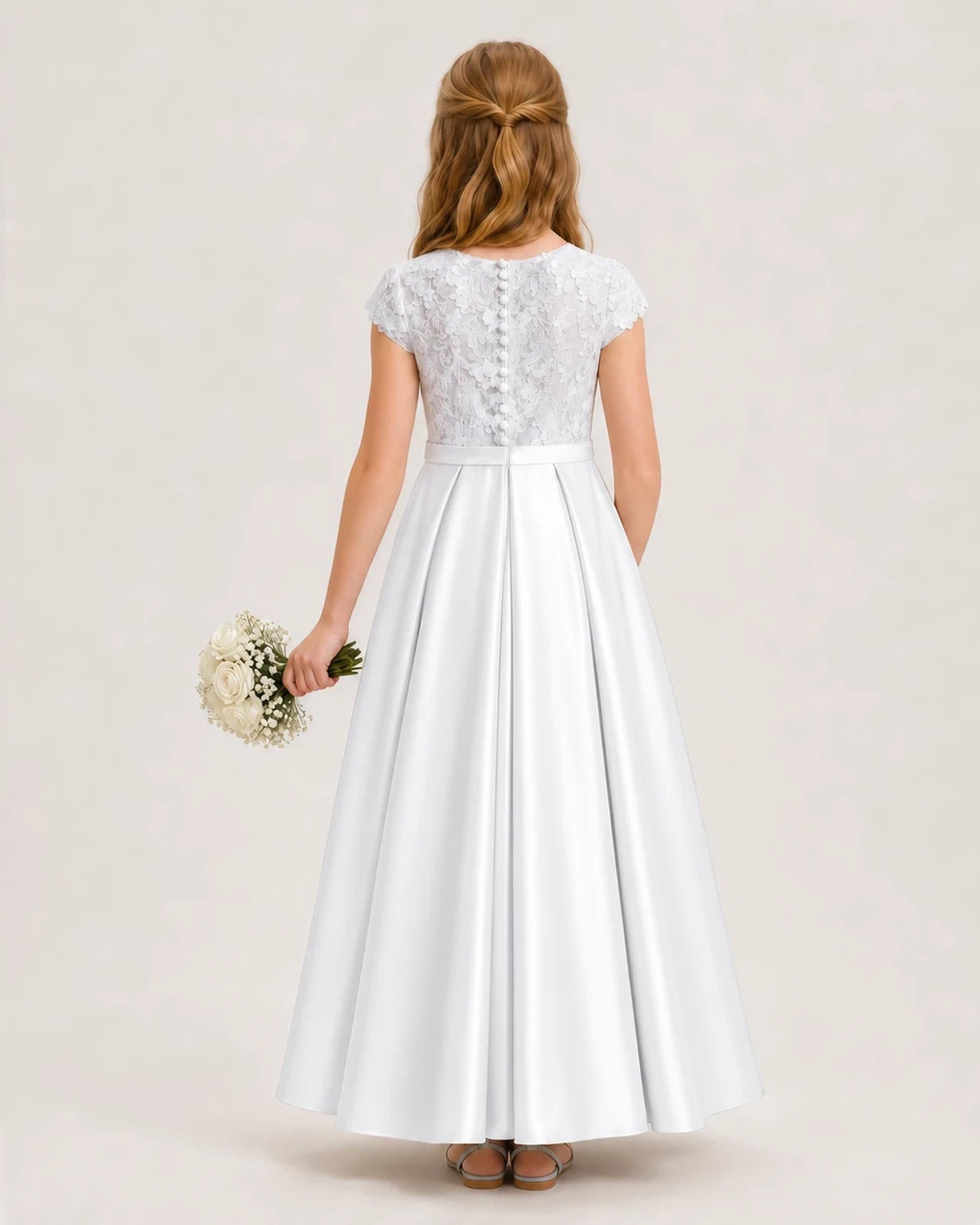White Satin Lace A-Line Junior Bridesmaid Dresses Back View