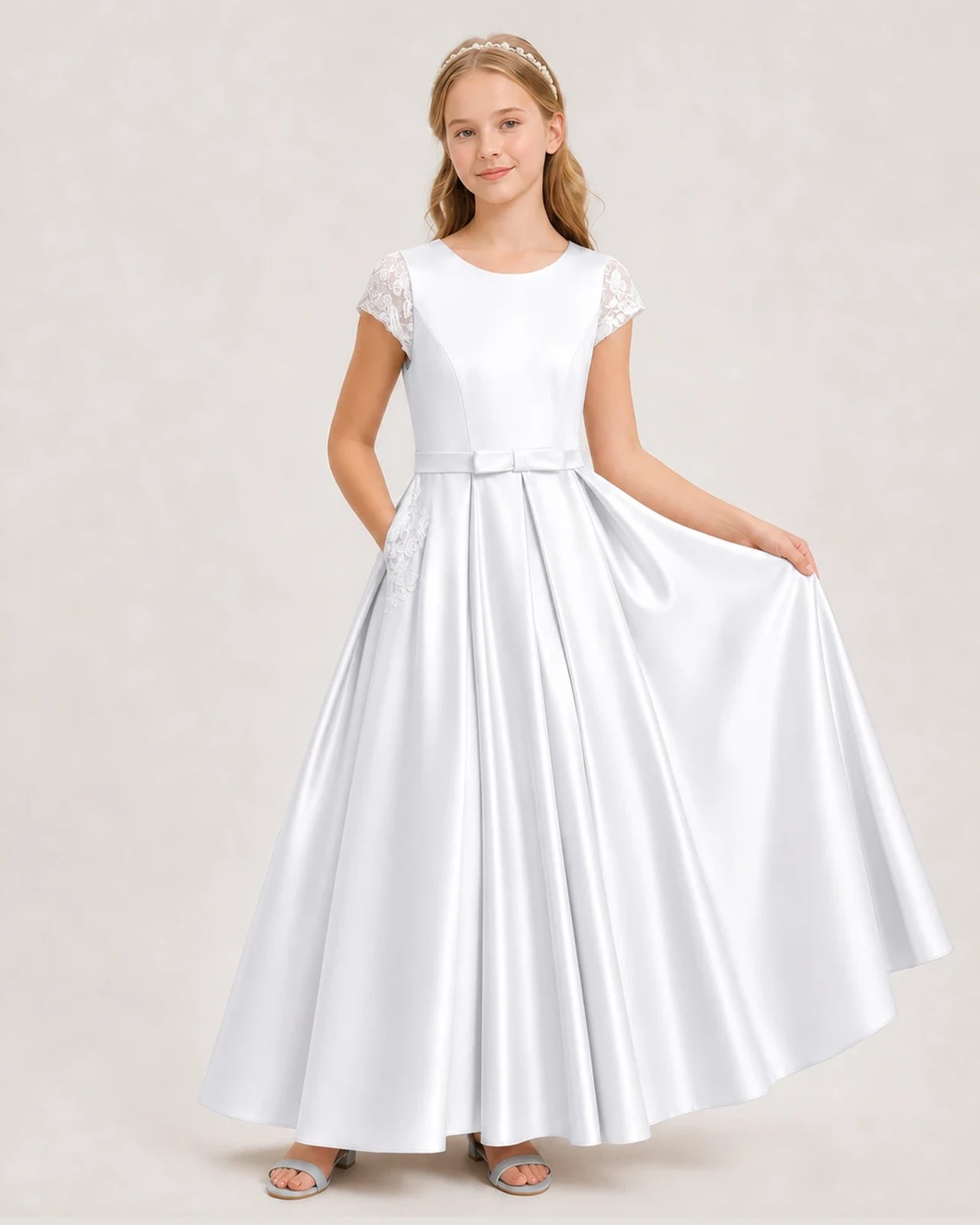 White Satin A-Line Junior Bridesmaid Dresses Front View