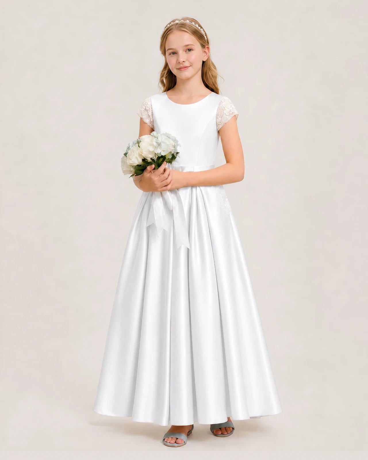 White Satin Lace Cap Sleeve Junior Bridesmaid Dresses Side View