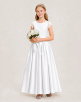 White Satin Lace Cap Sleeve Junior Bridesmaid Dresses Side View
