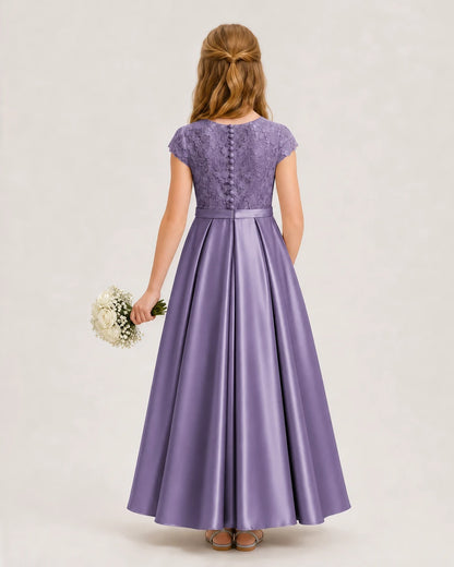 Wisteria Lace Satin A-Line Junior Bridesmaid Dresses Back View