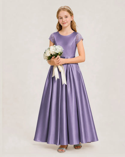 Wisteria Satin A-Line Junior Bridesmaid Dresses Side View