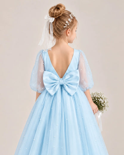 Baby Blue Satin Tulle Flower Girl Dress Back Detail