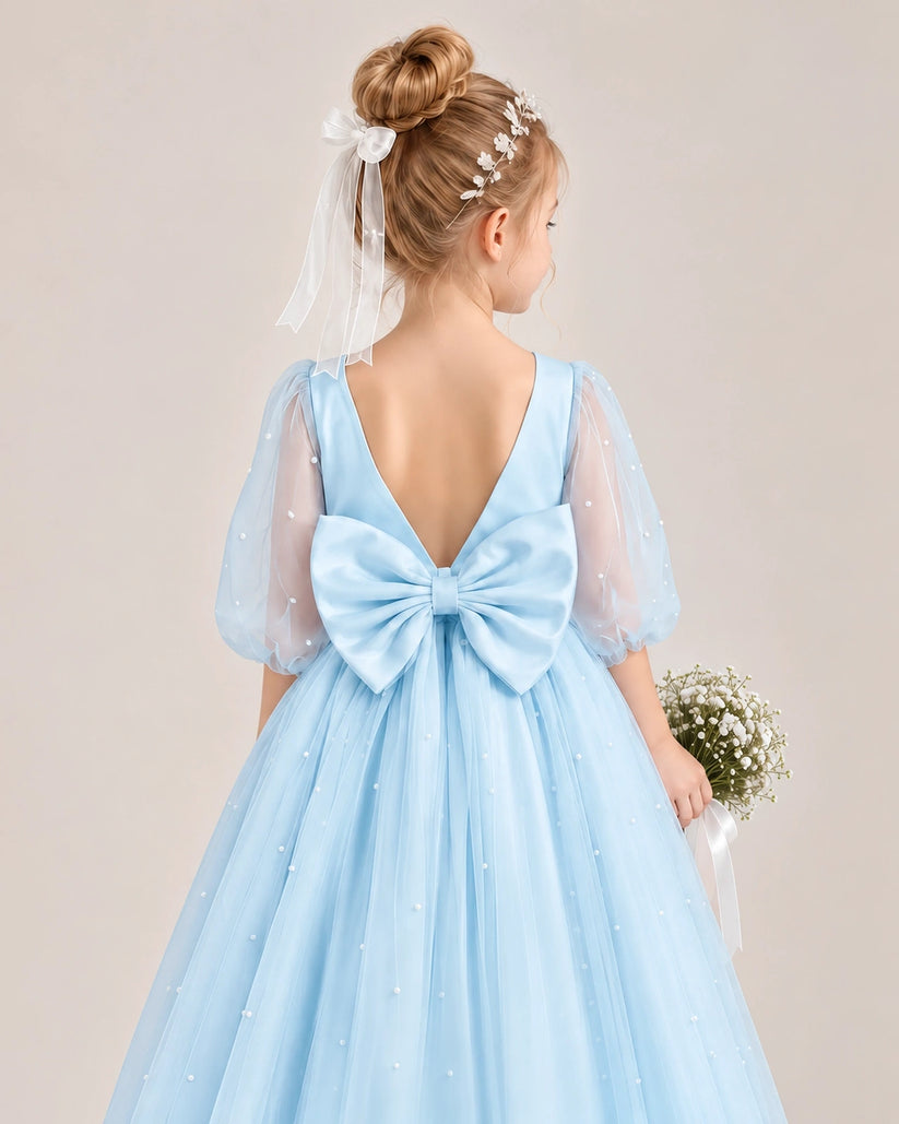 Baby Blue Satin Tulle Flower Girl Dress Back Detail