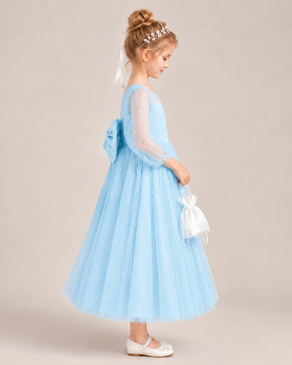 Baby Blue Satin Tulle Flower Girl Dress Side View