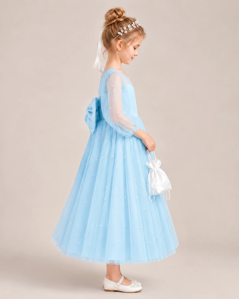 Baby Blue Satin Tulle Flower Girl Dress Side View