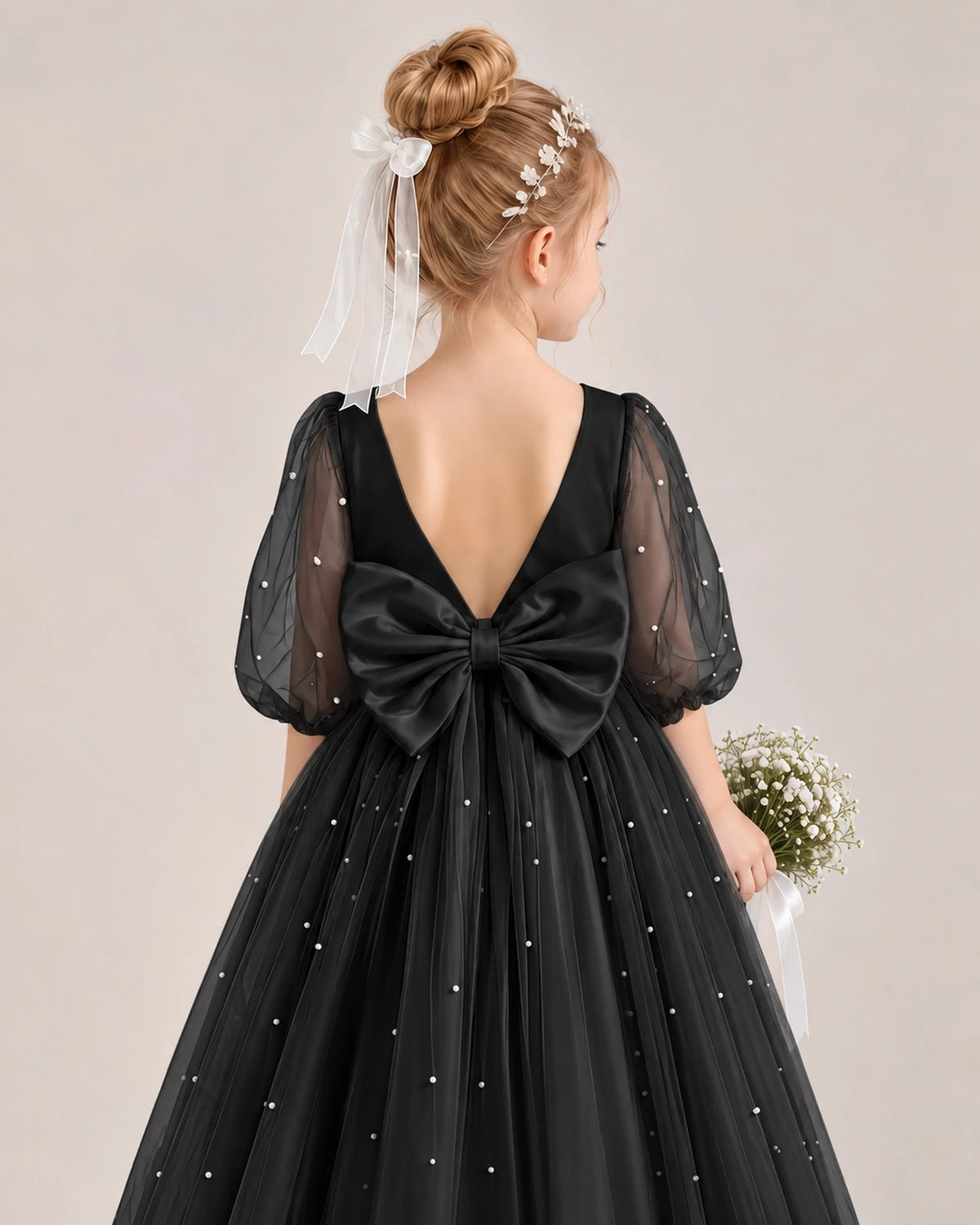 Black Satin Tulle Flower Girl Dress Back Detail