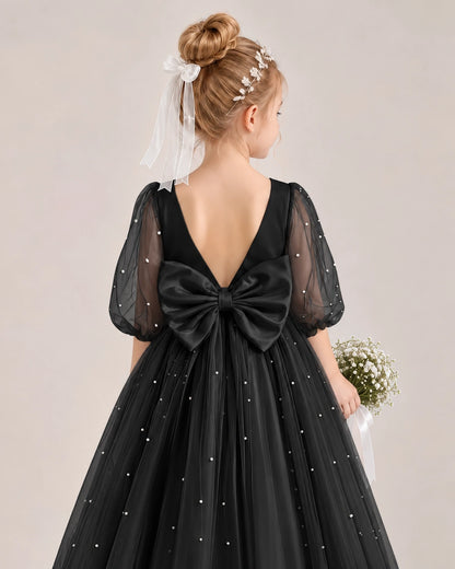 Black Satin Tulle Flower Girl Dress Back Detail