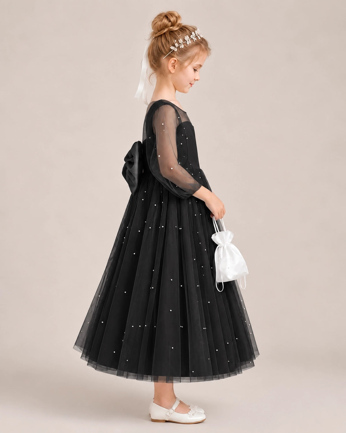 Black Satin Tulle Flower Girl Dress Side View