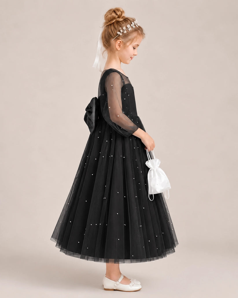 Black Satin Tulle Flower Girl Dress Side View