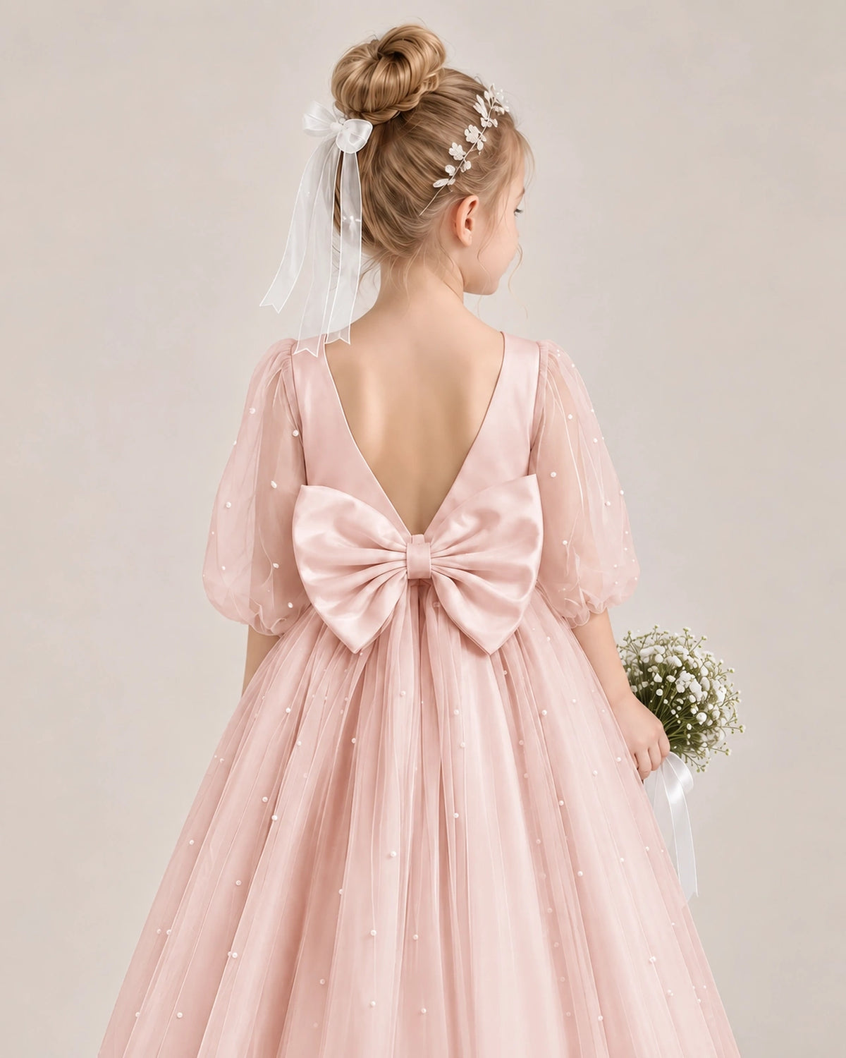 Blush Pink Satin Tulle Flower Girl Dress Back Detail