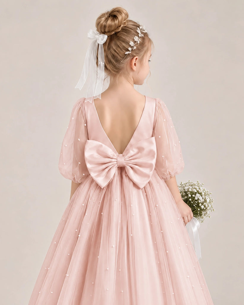 Blush Pink Satin Tulle Flower Girl Dress Back Detail