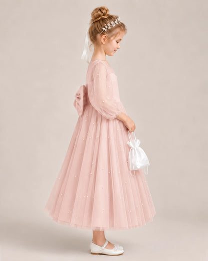 Blush Pink Satin Tulle Flower Girl Dress Side View