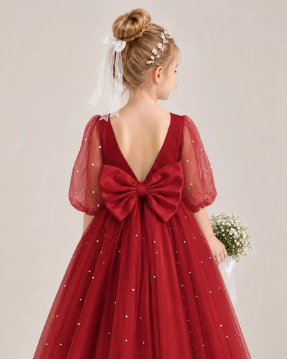 Burgundy Satin Tulle Flower Girl Dress Back Detail