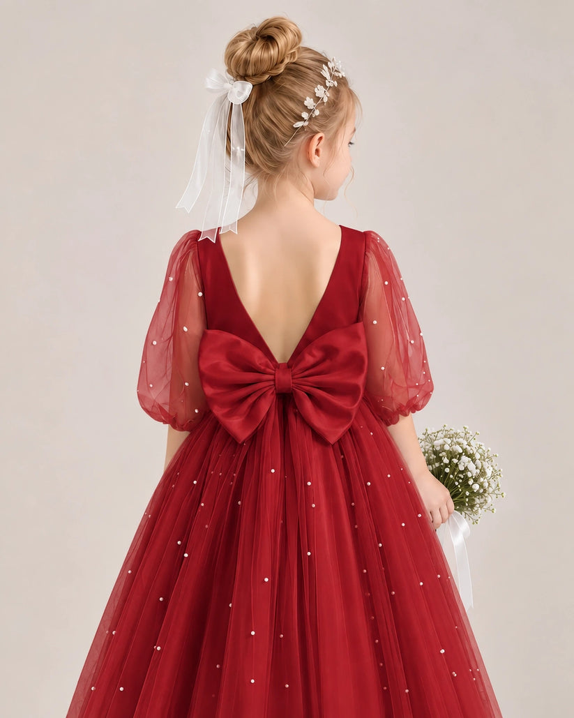 Burgundy Satin Tulle Flower Girl Dress Back Detail