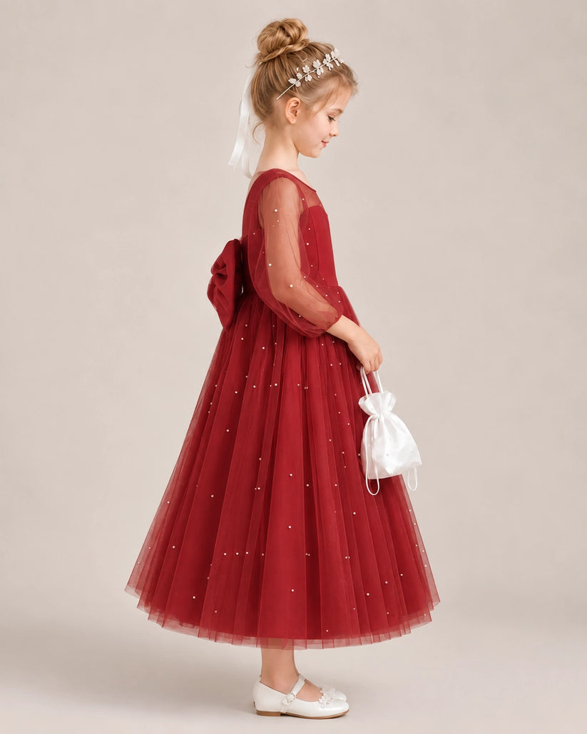 Burgundy Satin Tulle Flower Girl Dress Side View