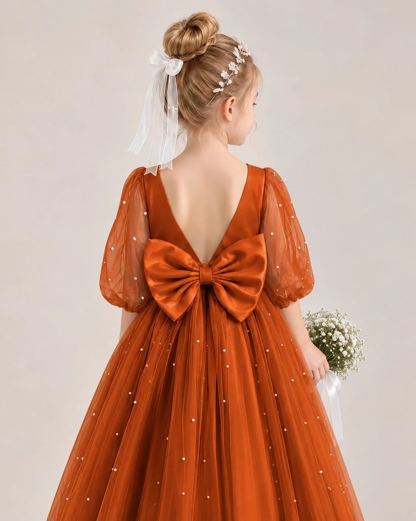 Burnt Orange Satin Tulle Flower Girl Dress Back Detail