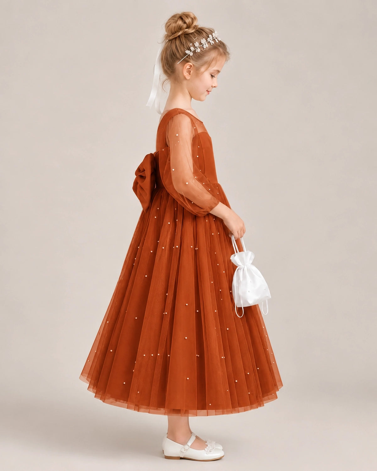 Burnt Orange Satin Tulle Flower Girl Dress Side View