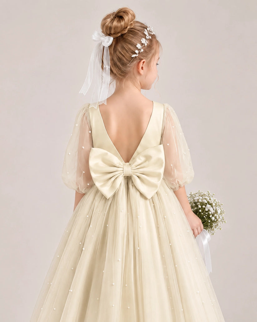 Champagne Satin Tulle Flower Girl Dress Back Detail