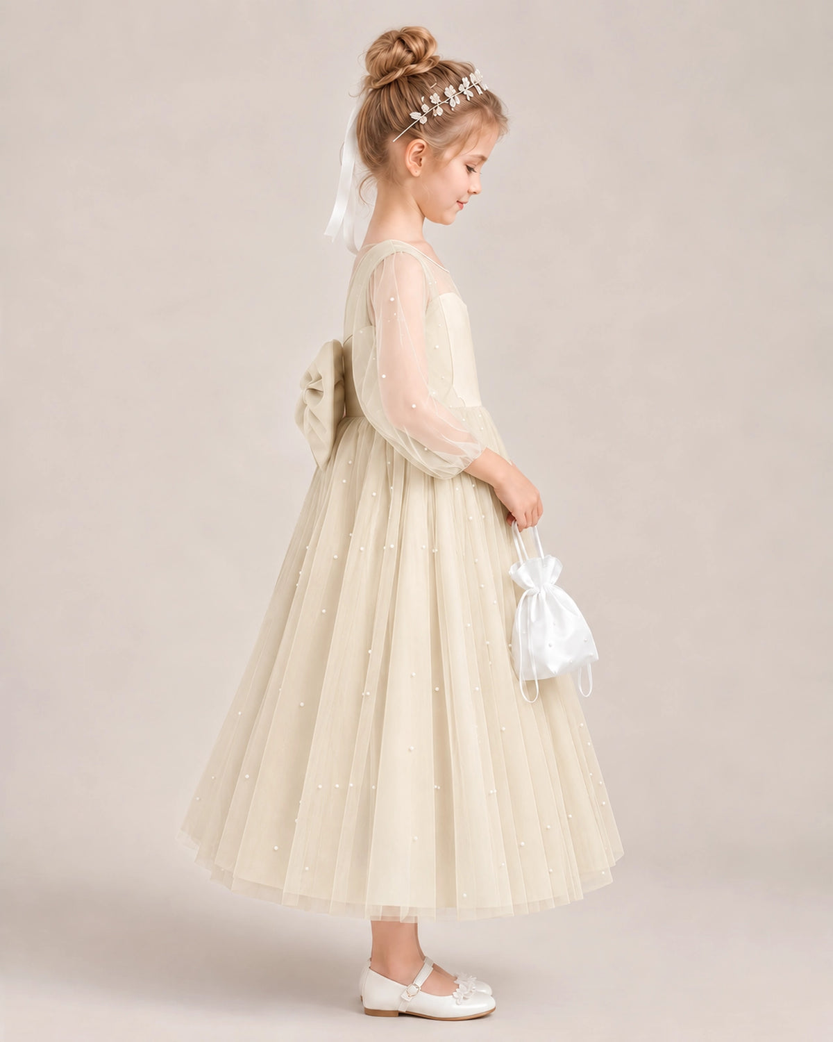 Champagne Satin Tulle Flower Girl Dress Side View
