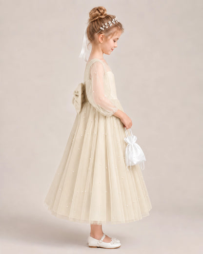 Champagne Satin Tulle Flower Girl Dress Side View