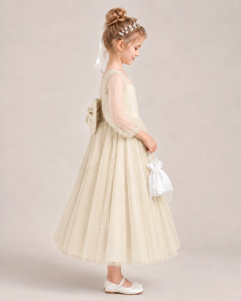 Champagne Satin Tulle Flower Girl Dress Side View