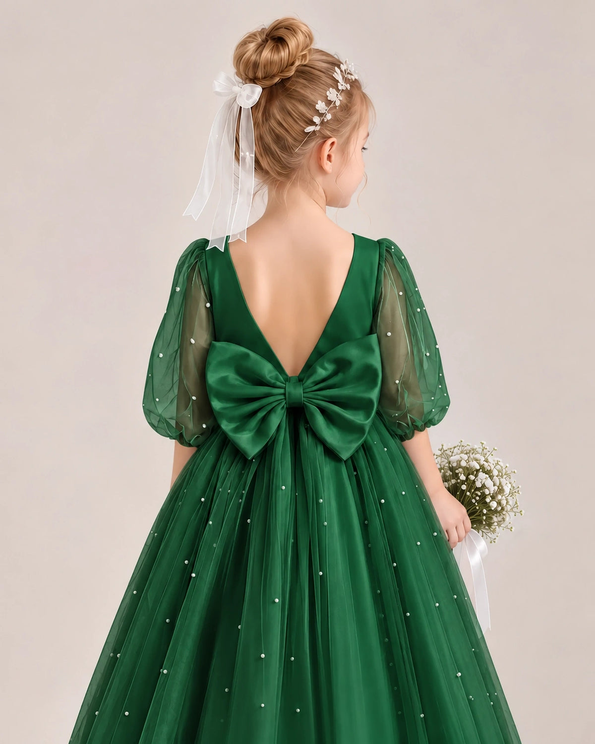 Dark Green Satin Tulle Flower Girl Dress Back Detail